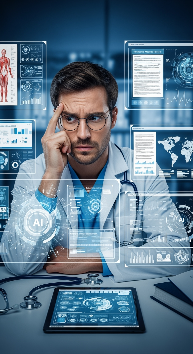 Healthcare professional sitting at desk looking overwhelmed while reviewing multiple computer screens displaying complex AI interfaces, medical charts, and compliance documents in a modern medical office