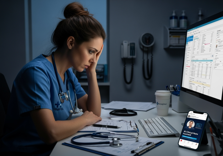 Doctor using tablet with secure healthcare AI interface displaying medical charts and patient data in modern clinical environment
