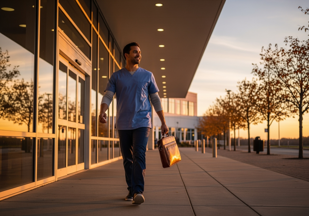 Happy healthcare professional leaving medical office with work-life balance restored after implementing clinical AI solutions