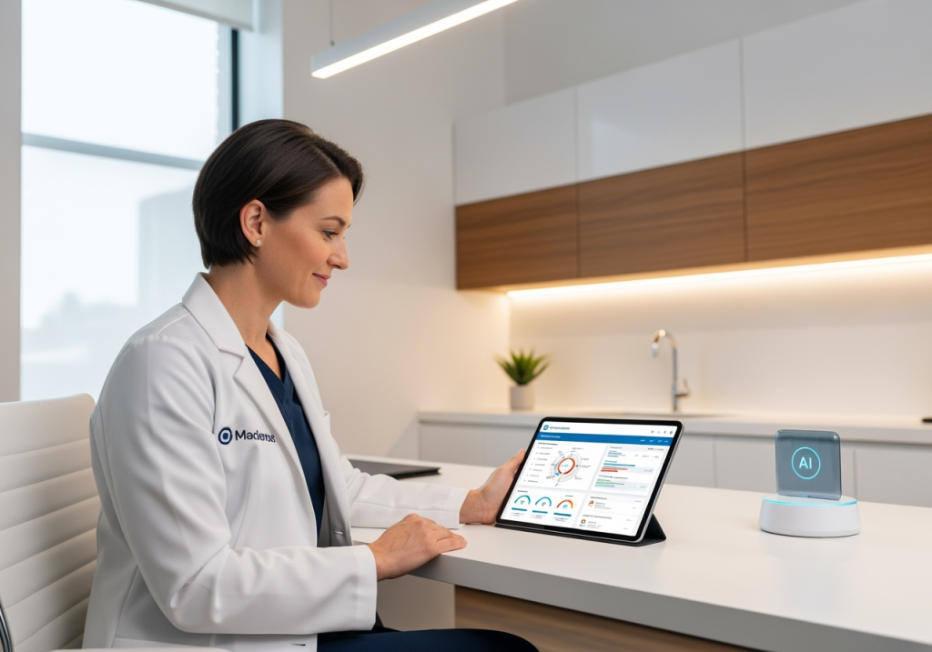 Healthcare provider using AI technology on computer for efficient clinical documentation and medical workflow