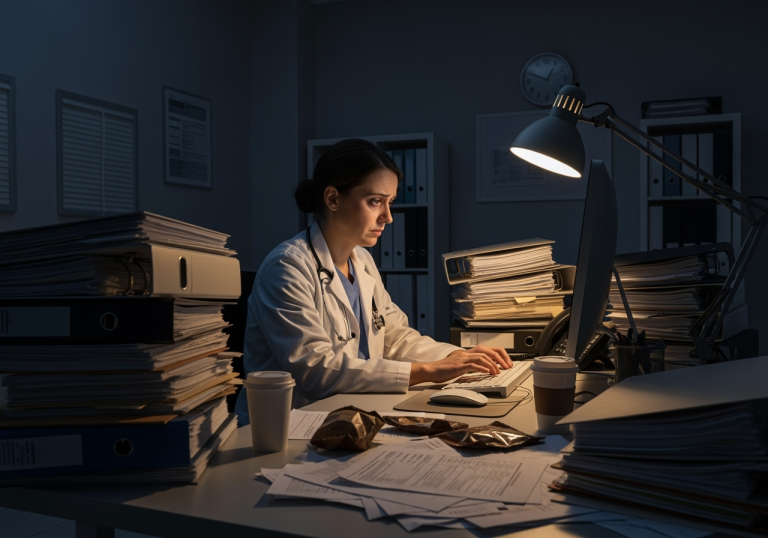 Exhausted healthcare professional working late surrounded by medical paperwork and documentation showing clinical burnout